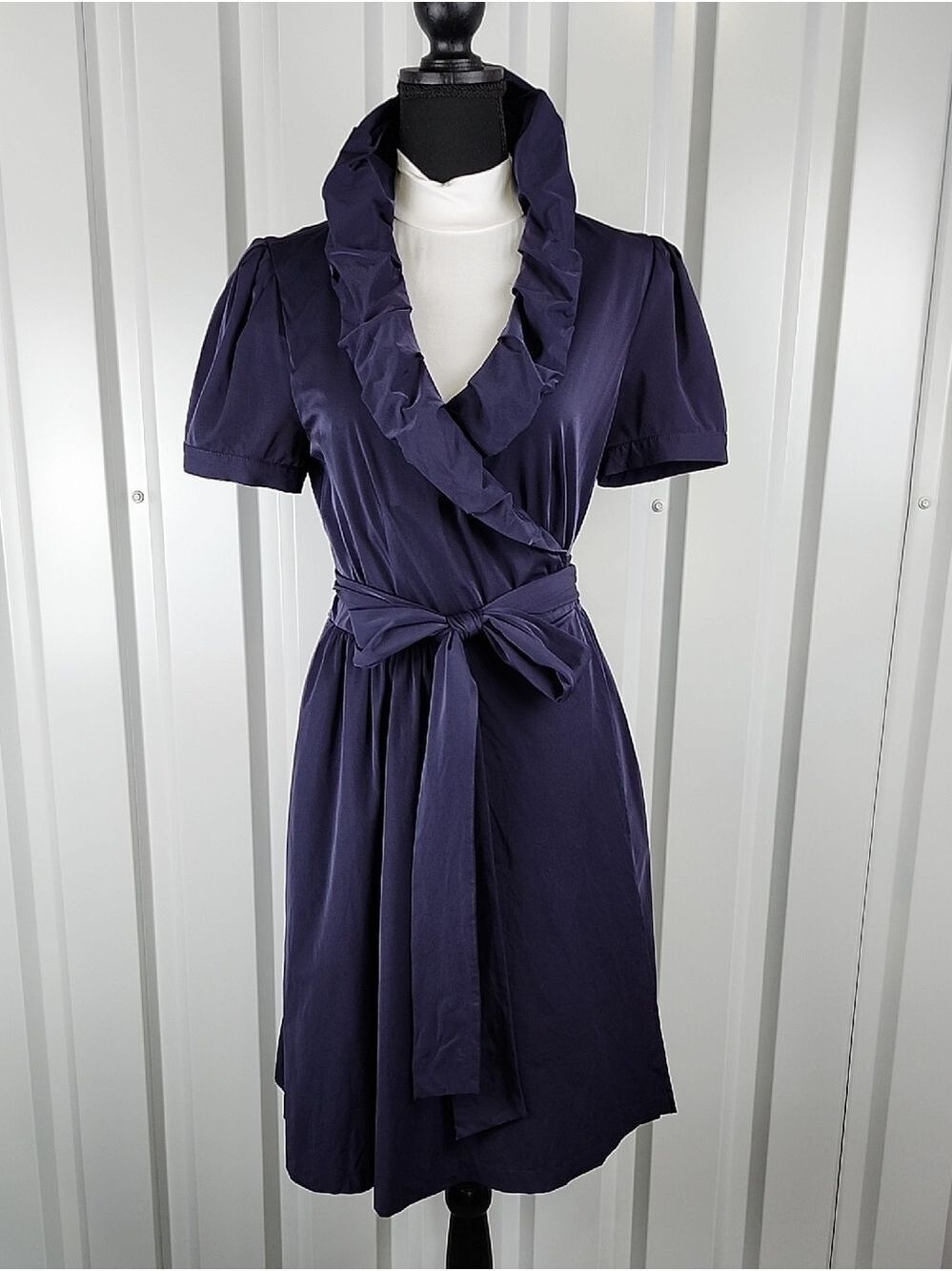 Diane Von Furstenberg Womens Bethania Navy Ruffle Collar Wrap Mini Dress Size 8